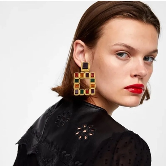 Zara Multicolored Square Gem Drop Earrings - Picture 3 of 15